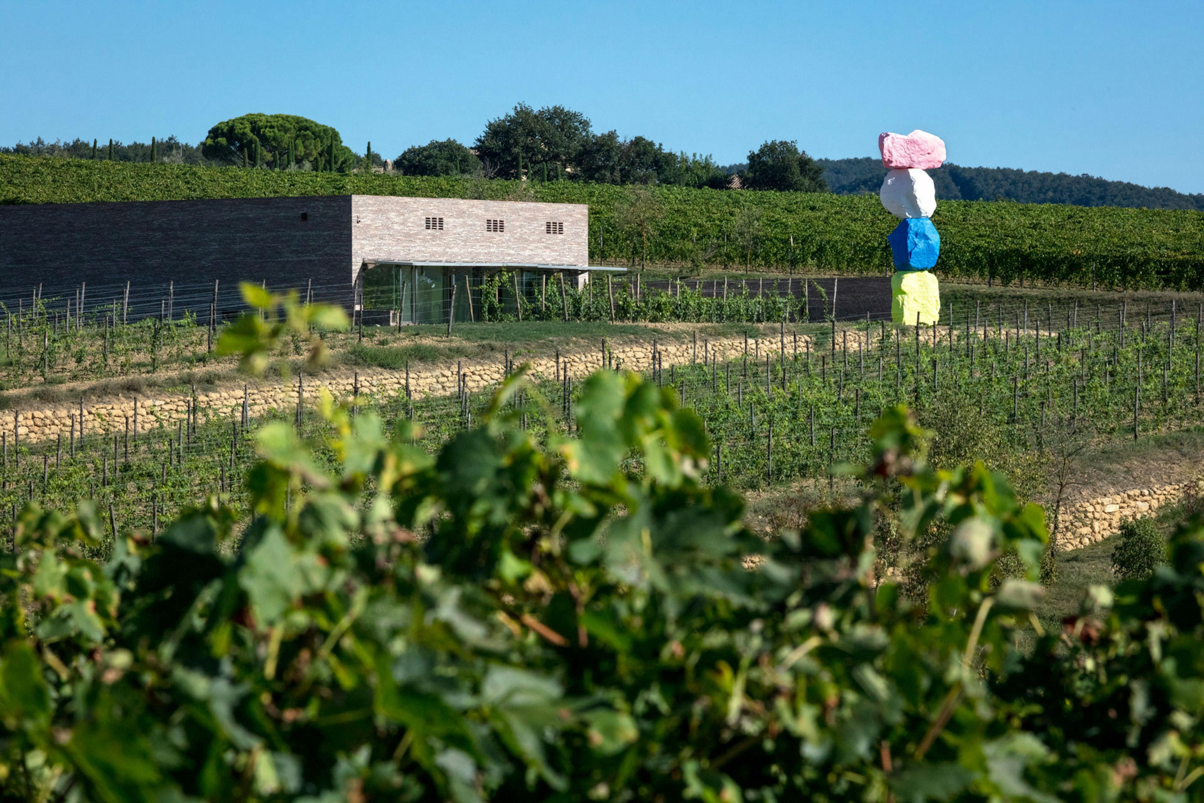 View of the winery of Fabbrica Pienza with the coloured sculpture of Ugo Rondinone and the vineyards on foreground